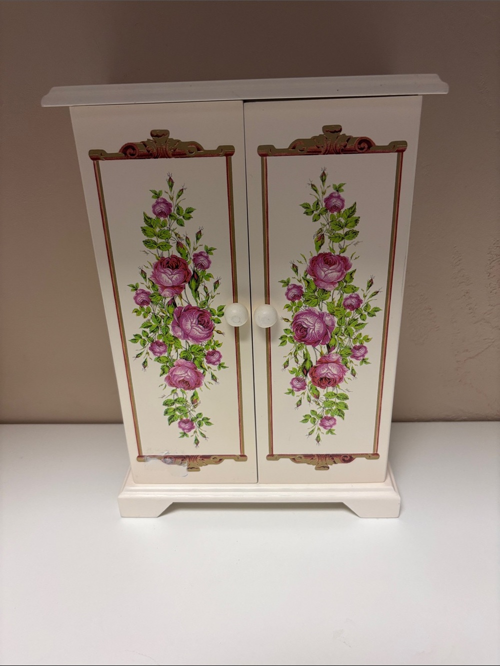 vintage Avon White Jewelry Armoire with Gold Hooks and Mirror
